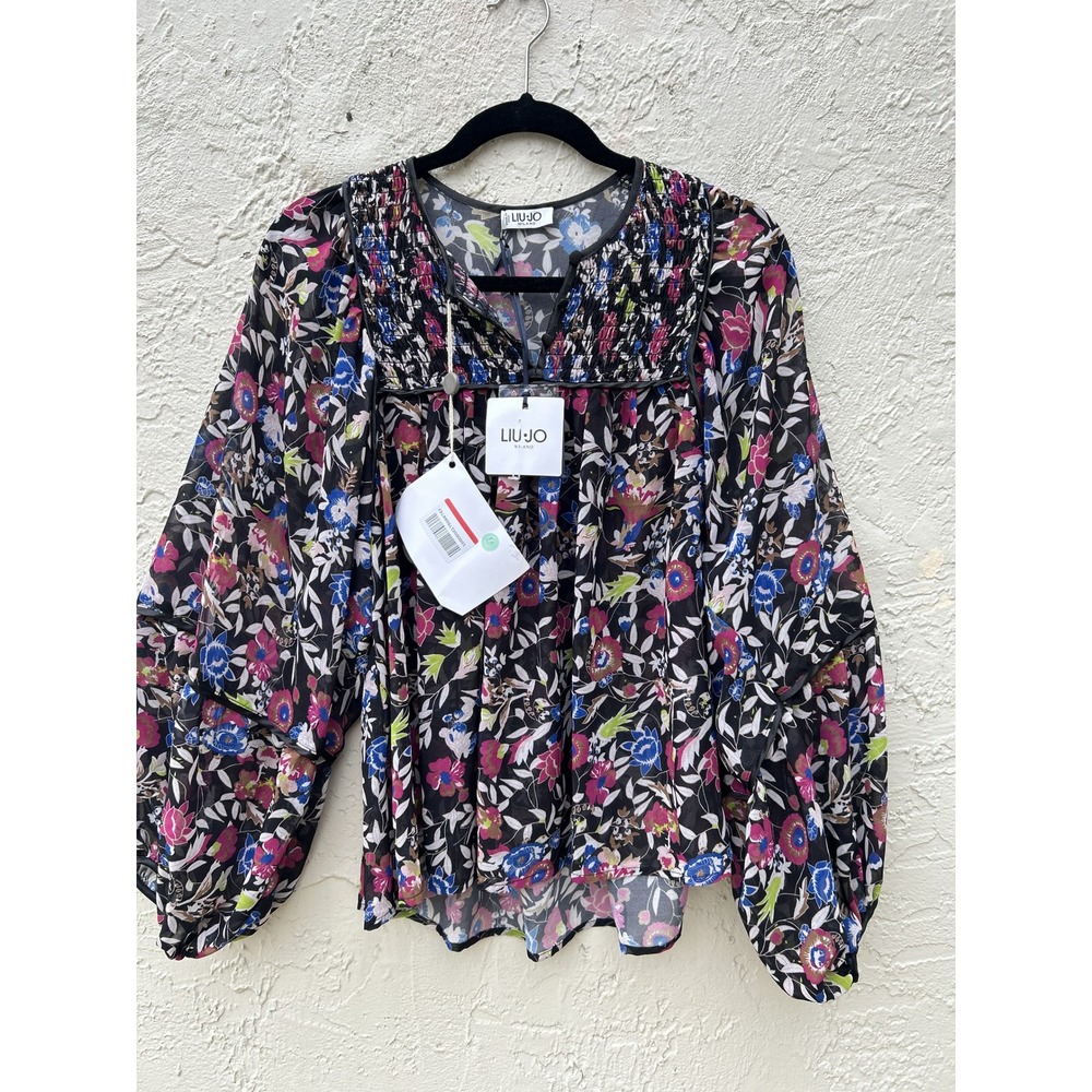 Liu Jo Milano Passion Flower Floral Smocked Blouse Black Pink Blue Size 6 NWT